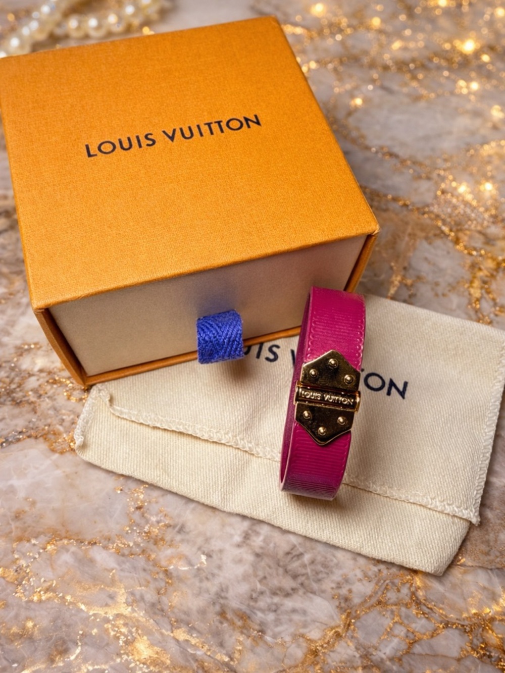 Louis Vuitton Pink Epi Leather Bracelet with Gold-Plated Signature Plate